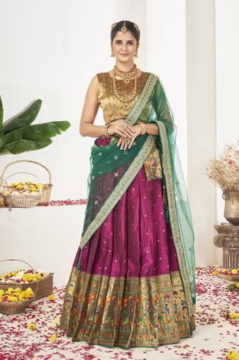 Dark Pink Banarasi semi stitched Lehenga & Unstitched Blouse With Dupatta