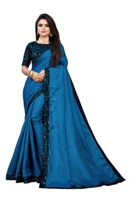 Blue Embroidered Silk Blend Saree With Blouse 1