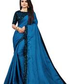Blue Embroidered Silk Blend Saree With Blouse