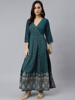 Teal printed crepe ethnic-kurtis 1