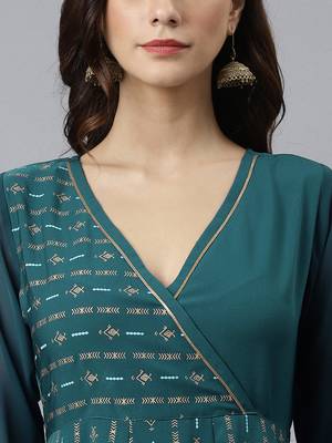 Teal printed crepe ethnic-kurtis 5