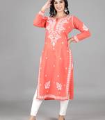 HAND EMBROIDERED LUCKNOWI CHIKANKARI PEACH COTTON KURTA