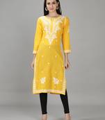 HAND EMBROIDERED LUCKNOWI CHIKANKARI YELLOW COTTON KURTA