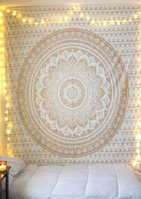 College Room Dorm Tapestry Single Bedsheet Beach Towel Picnic mat Decoration (WHITE GOLD) 1