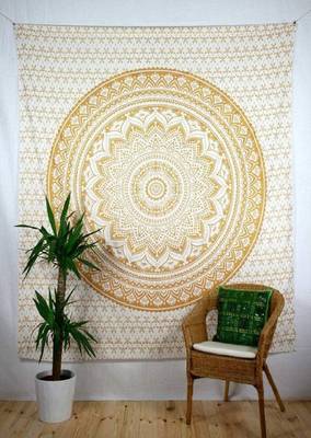 College Room Dorm Tapestry Single Bedsheet Beach Towel Picnic mat Decoration (WHITE GOLD) 2