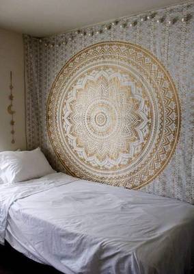 College Room Dorm Tapestry Single Bedsheet Beach Towel Picnic mat Decoration (WHITE GOLD) 4