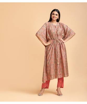 Beige printed cotton short-kurtis 1