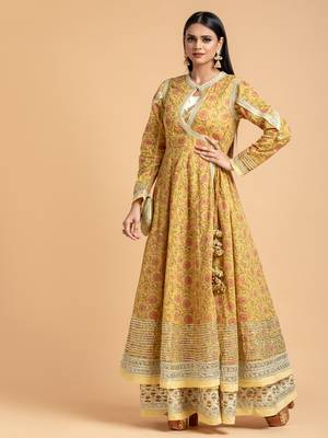 Yellow printed cotton long-kurtis 1