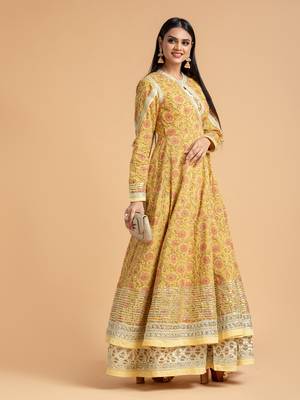 Yellow printed cotton long-kurtis 2