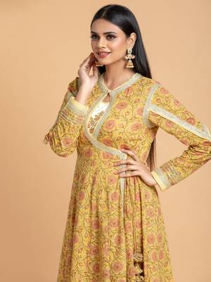 Yellow printed cotton long-kurtis 3