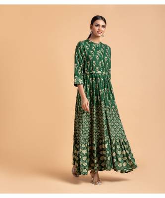 Dark green printed cotton short-kurtis 1