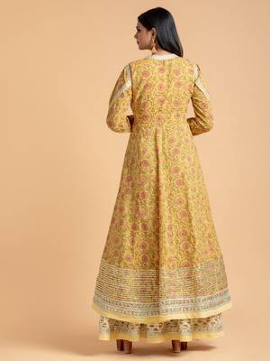 Yellow printed cotton long-kurtis 5