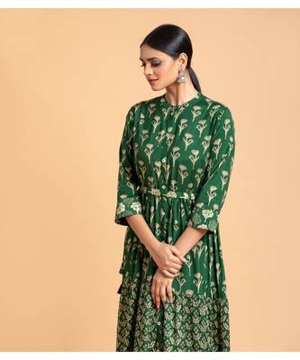 Dark green printed cotton short-kurtis 3