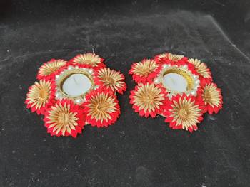 Shetu Home Decorative Gold-plated Diwali Diya with Golden Artificial Flowers, Homemade lamp for Diwali 2