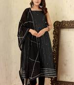 Black Cotton Lurex Festive Sleeveless Kurta Pant Set With Dupatta