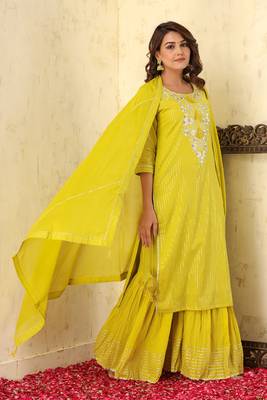 Yellow Lurex Cotton Kurta Sharara With Dupatta Set 3