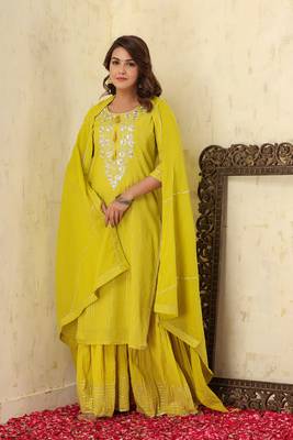Yellow Lurex Cotton Kurta Sharara With Dupatta Set 4