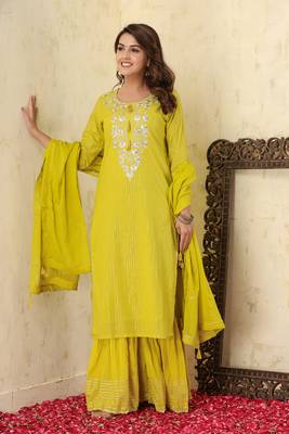 Yellow Lurex Cotton Kurta Sharara With Dupatta Set 7