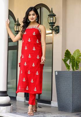 Red Sleeveless Silk Kurta Pant With Dupatta Set 6