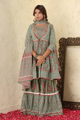 Green Floral Printed Cotton Kurta Sharara With Dupatta Set 1