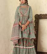 Green Floral Printed Cotton Kurta Sharara With Dupatta Set