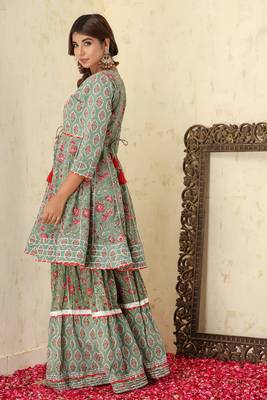Green Floral Printed Cotton Kurta Sharara With Dupatta Set 2