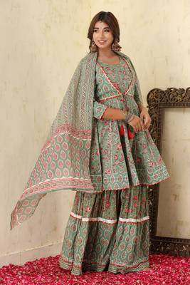Green Floral Printed Cotton Kurta Sharara With Dupatta Set 3