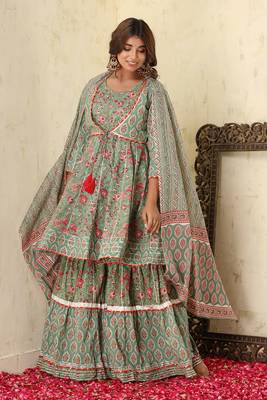 Green Floral Printed Cotton Kurta Sharara With Dupatta Set 4