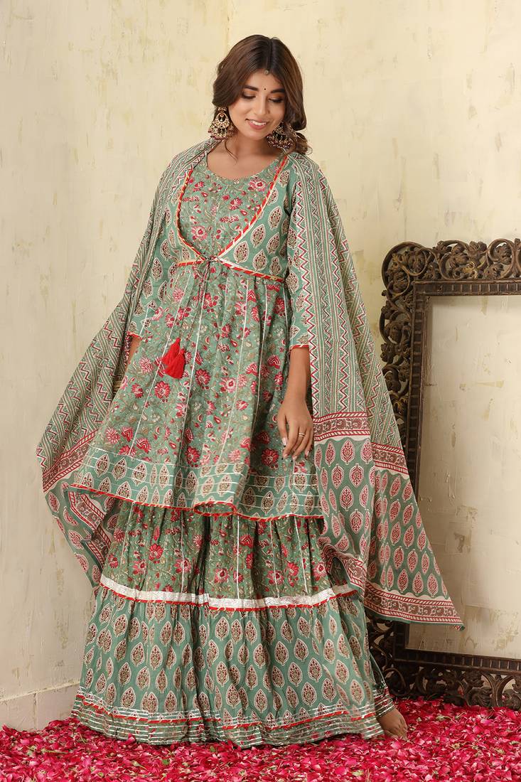 Green Floral Printed Cotton Kurta Sharara With Dupatta Set