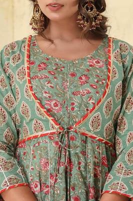 Green Floral Printed Cotton Kurta Sharara With Dupatta Set 5