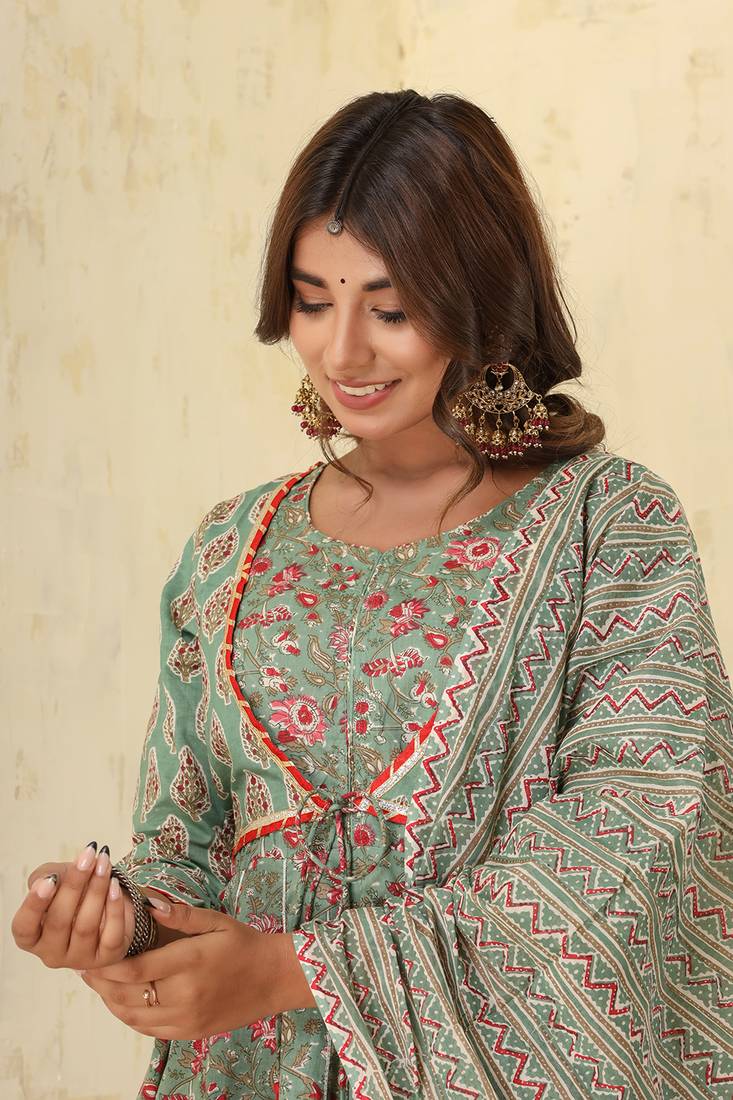 Green Floral Printed Cotton Kurta Sharara With Dupatta Set