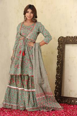 Green Floral Printed Cotton Kurta Sharara With Dupatta Set 7
