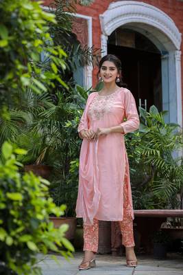 Pink Floral Modal Silk Kurta Pant Set With Dupatta (Set of 3) 7