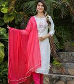 White-Pink Modal Silk Kurta Pant Set With Dupatta (Set of 3)