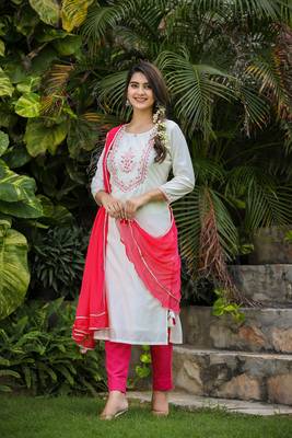 White-Pink Modal Silk Kurta Pant Set With Dupatta (Set of 3) 4