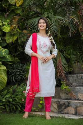 White-Pink Modal Silk Kurta Pant Set With Dupatta (Set of 3) 8