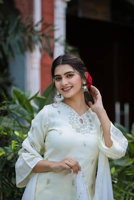 Off White Embroidered Silk Kurta Pant Set With Dupatta (Set of 3) 6