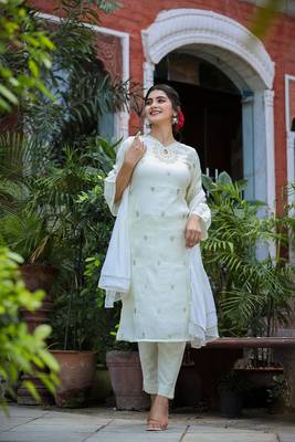 Off White Embroidered Silk Kurta Pant Set With Dupatta (Set of 3) 7