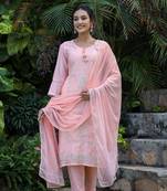 Peach All Over Embroidered Muslin Silk Suit Set (Set of 3)
