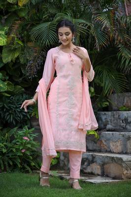 Peach All Over Embroidered Muslin Silk Suit Set (Set of 3) 3