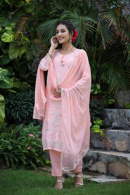 Peach All Over Embroidered Muslin Silk Suit Set (Set of 3) 4