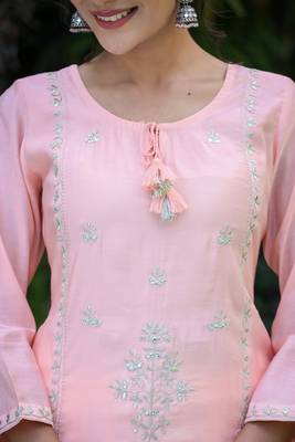 Peach All Over Embroidered Muslin Silk Suit Set (Set of 3) 5