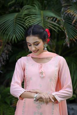 Peach All Over Embroidered Muslin Silk Suit Set (Set of 3) 6