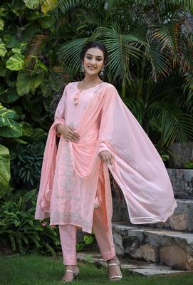 Peach All Over Embroidered Muslin Silk Suit Set (Set of 3) 7