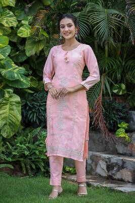 Peach All Over Embroidered Muslin Silk Suit Set (Set of 3) 8