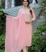 Pink Embroidered Silk Kurta Pant Set With Dupatta (Set of 3)