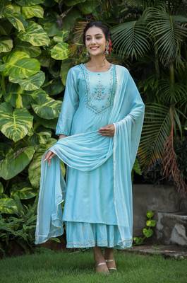 Sea Green Modal Silk Kurta With Inner and Dupatta (Set of 3) 1