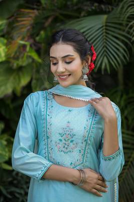 Sea Green Modal Silk Kurta With Inner and Dupatta (Set of 3) 6