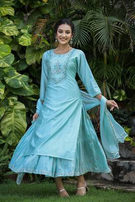 Sea Green Modal Silk Kurta With Inner and Dupatta (Set of 3) 7