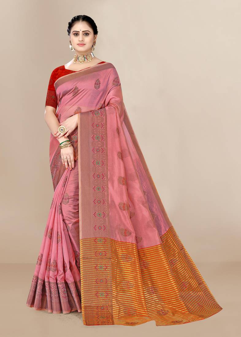 Pink woven organza saree with blouse